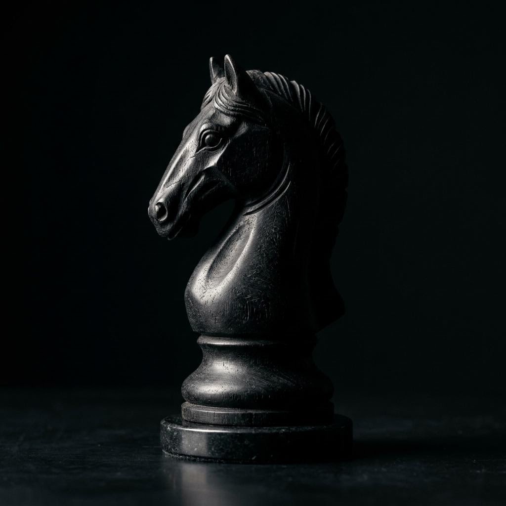 Sculptural chess knight emerging from darkness